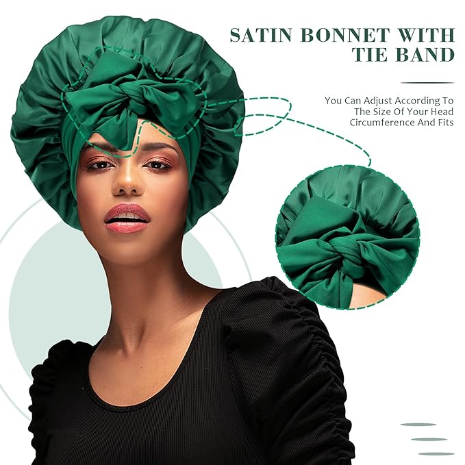 Satin Hair Bonnet with Wide Band Silk Sleeping Bonnets Hair Wrap for Women Girls Night Cap with Tie Band Satin Bonnet (Green)