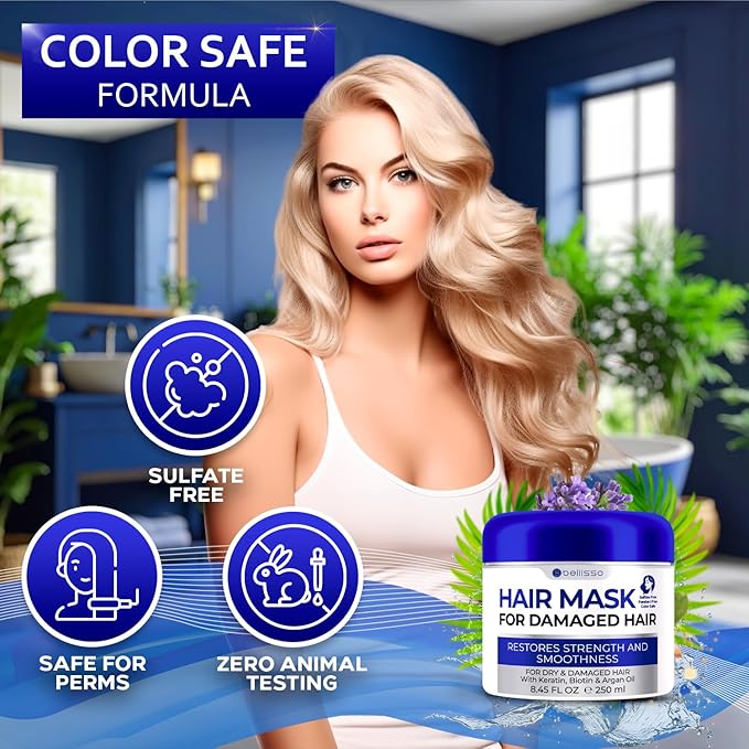 BELLISSO Hair Mask for Damaged Hair - Deep Conditioning and Moisturizing Repair Treatment for Dry Split Ends and Breakage - Hydrating Moisturizer Products for Women and Men - 8.45 Fl Oz
