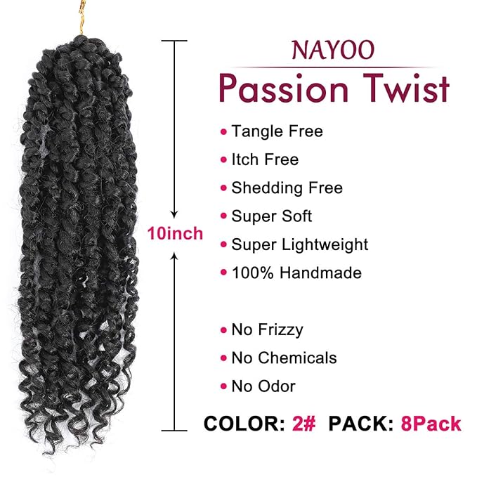 Passion Twist Hair - 8 Packs 10 Inch Passion Twist Crochet Hair For Women, Crochet Pretwisted Curly Hair Passion Twists Synthetic Braiding Hair Extensions (10 Inch 8 Packs, #2)