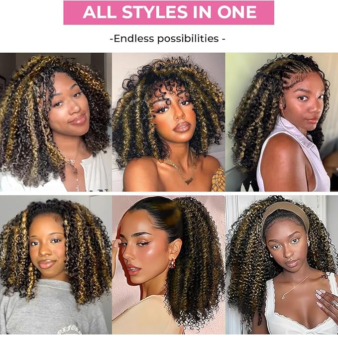 Kinky Curly Half Wig Human Hair 200% Density Wear Go Glueless Wigs Human Hair 16 Inch Curly 3 In 1 Half Wigs for Women 1B/27 Honey Blonde Wig Drawstring Seamless Flip Headband Wig Beginner Friendly