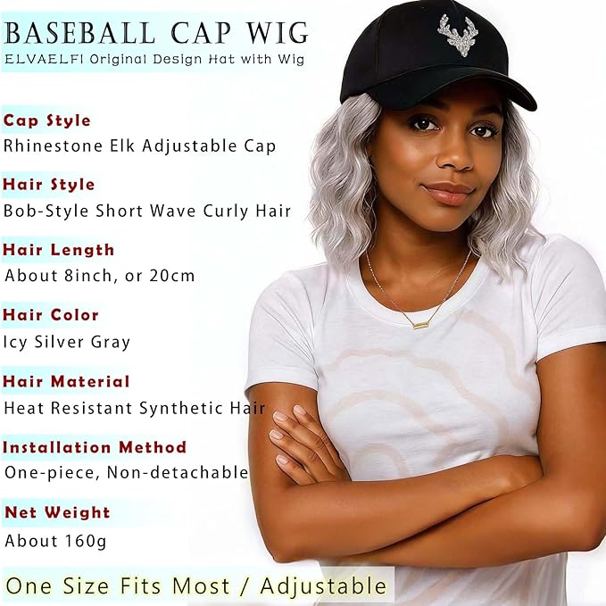 8 inch Wavy Hat Wig, Icy Silver Gray Bob Wigs Ago,Synthetic Short Curly Wigs,Hat with Hair Attached for Women