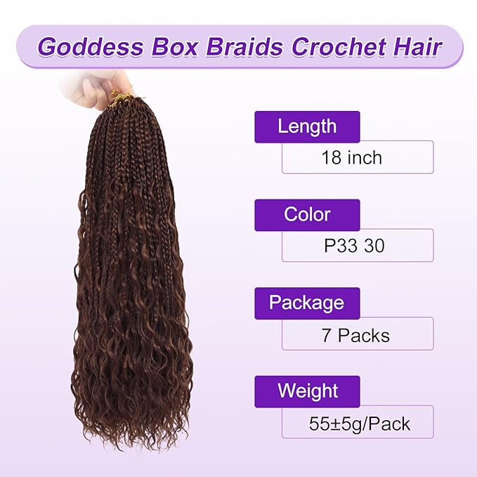 Eacia Goddess Box Braids Crochet Hair 18 Inch 7 Packs Pre Looped Boho Crochet Hair Extensions for Women Braids with Curly Ends (18 Inch, P33/30#)