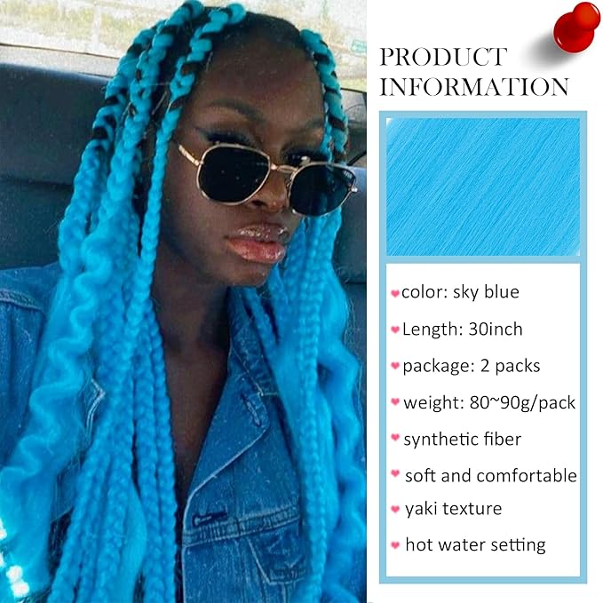 Sky Blue Pre Stretched Braiding Hair 30 Inch 2 Packs Professional Yaki Texture Festival Braids Box Crochet Twist Hair Extensions