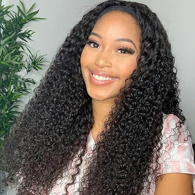 Eooma Glueless Wigs Human Hair Curly Headband Wig for Black Women (20 inch) Brazilian Remy Hair Curly None Lace Front Wigs Human Hair Scarf No Gel Wigs