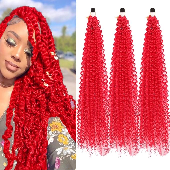 Curly Crochet Hair Extensions Red Passion Twist Braids 24Inch Long Curly Braiding Hair 3Packs Spring Crochet Braids Hair Extensions Goddess Box Braids for Black Women(24",Red)