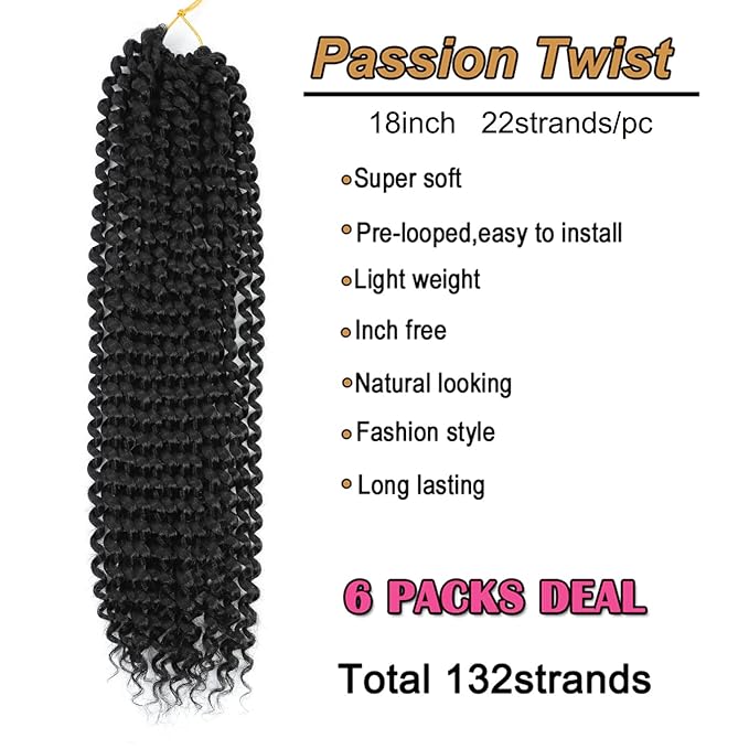 132 strands Passion Twist Hair Water Wave Black Color Curly Crochet Braids For Bomb Twists Goddess locs 18inch Long Bohemian Curl Synthetic Braiding Hair Extensions (18inch, 1B)