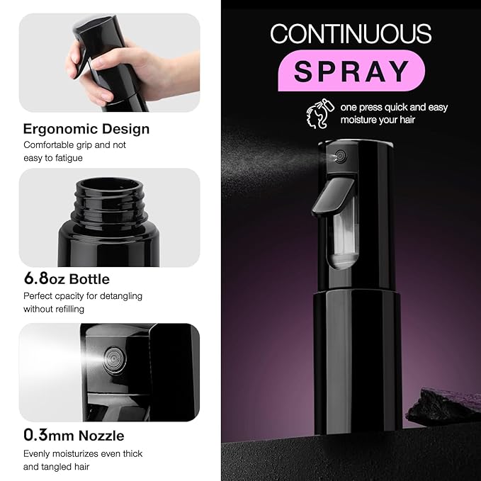 Hommtina Detangling Brush Set with Curly Hair Spray bottle, Bottle Brush Set for Women and Kids Curly Hair (3 PCS, Black+Purple)