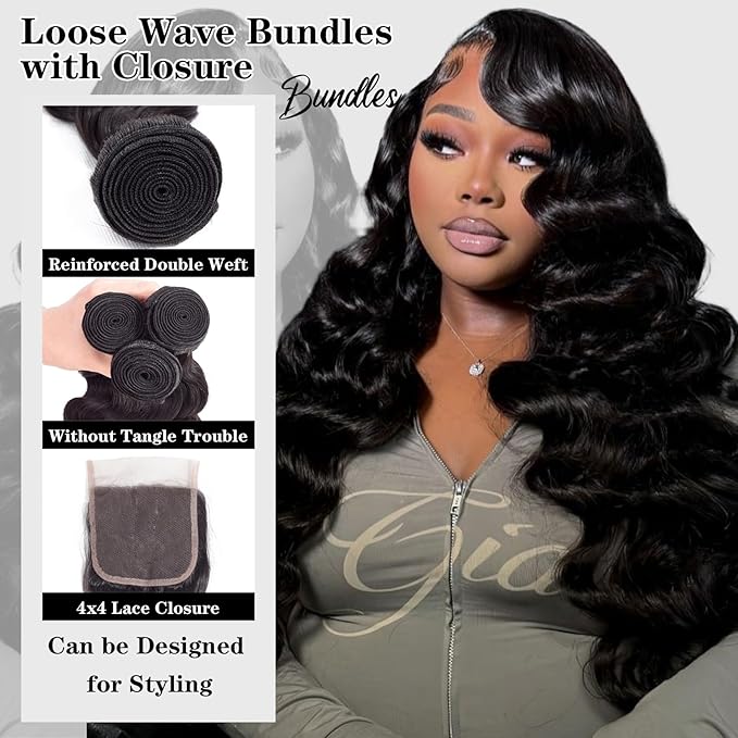 Loose Wave Bundles Human Hair with Closure (22 24 26+20) 12A Brazilian Virgin Human Hair Loose Deep Wave 3 Bundles with 4x4 HD Lace Closure Unprocessed Human Hair Extension Natural Color
