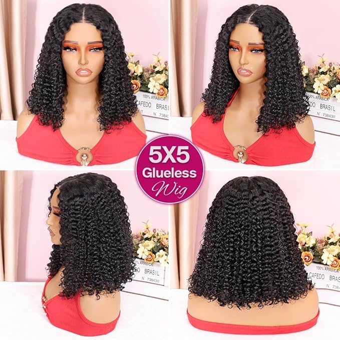 Curly Bob Wig Human Hair Jerry Curl 200% Density 5x5 HD Lace Closure Wigs Human Hair Bob Wigs For Black Women Wear And Go Glueless Curly Wig 1B Color 14 Inch