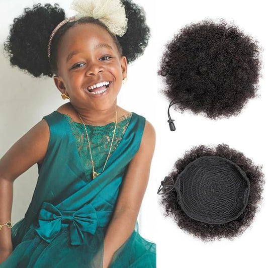 Kids Ponytail Afro Puff Ponytail for Black Women Human Hair Buns 2PCS/Pack 4 Inch for Girls Kids Children Babies Small Size Natural Black Kinky Curly Hair Updo Donut Chignon