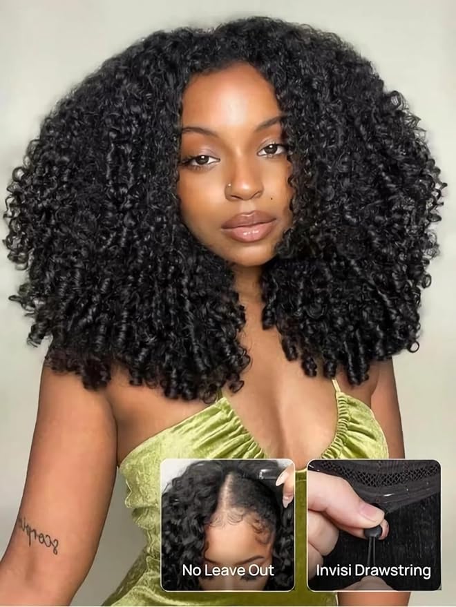 Julia Hair V Part Wig Human Hair Curly Wig with Finger Coil Ends Glueless V Shape Wig Afro Curly Wigs with Drawstring Upgrade U Part No Leave Out Half Wig For Women Natural Scalp 20 Inch