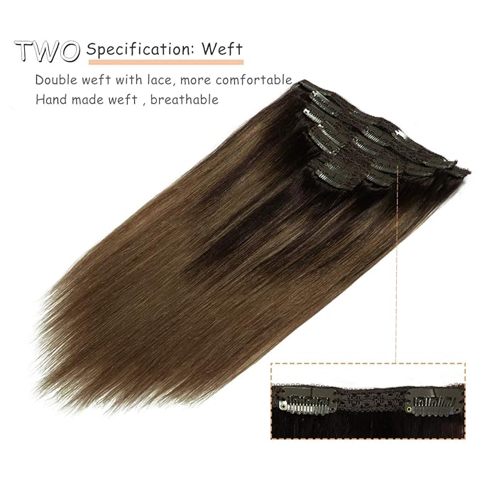 Caliee Human Hair Extensions Clip in 18Inch B2/6 Balayage Darkest Brown Fading to Chestnut Brown Clip in Hair Extensions Human Hair Straight Thick Natural Hair Extension Double Weft 7Pcs 120G
