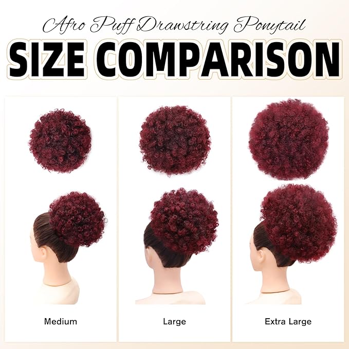 AISI QUEENS Afro Puff Clip On Synthetic Ponytail Extension for Black Women, Ombre Burgundy Short Kinky Bun for for Women Girls(1B/BUG#)