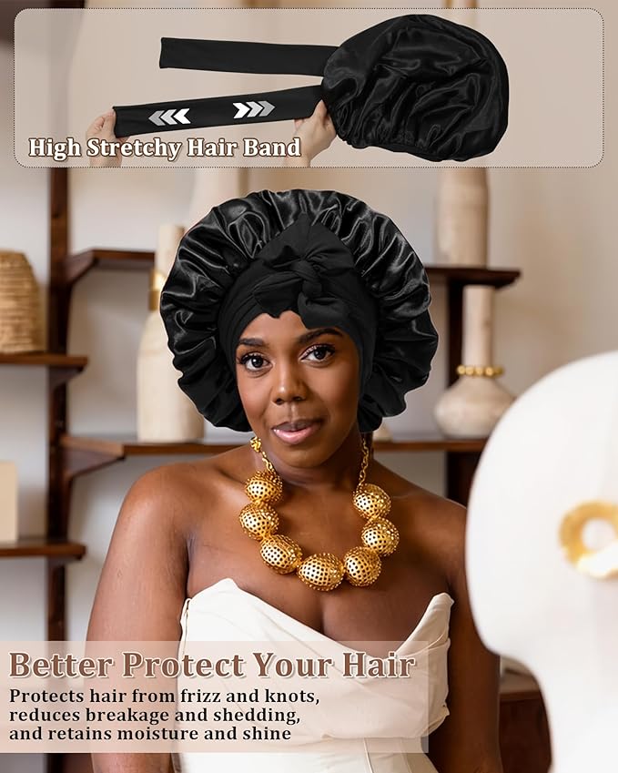 Reversible Satin Bonnet for Sleeping Women Double Layer Hair Bonnet with 2PCS Hair Scrunchies Elastic Tie Band Night Cap