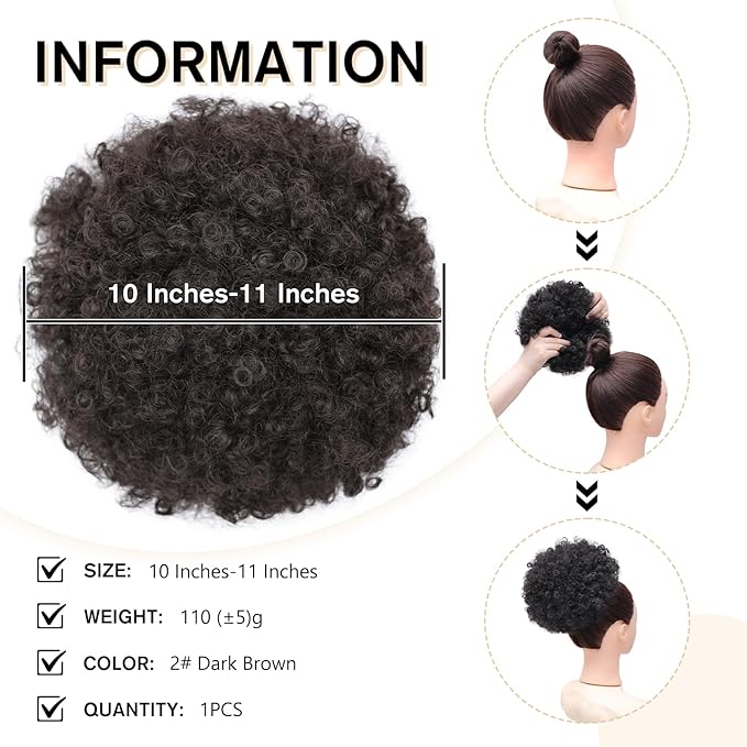 AISI QUEENS Afro Puff Drawstring Ponytail for Black Women, Black Brown Afro Bun Drawstring Ponytail,Short Kinky Curly Afro Ponytail Synthetic Hair Puffs (2#)