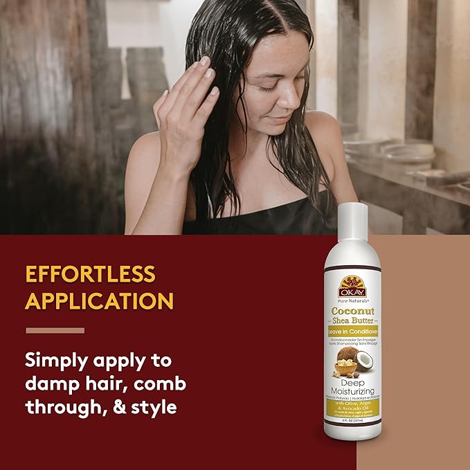 OKAY | Coconut & Shea Butter Leave-In Conditioner | For All Hair Types & Textures | Fortify - Strengthen - Revitalize | With Olive, Argan & Avocado Oil | Free of Paraben, Silicone, Sulfate | 8. oz