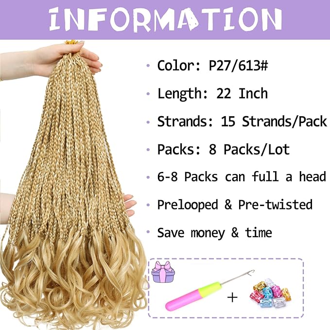 French Curl Crochet Braids 22 Inch 8 Packs Goddess Box Braids Crochet Hair for Women Pre Looped Crochet Box Braid with Curly Ends Synthetic French Curly Braiding Hair Extensions (P27/613)