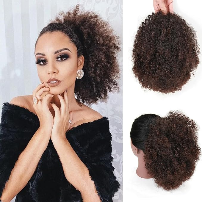 Afro Puff Drawstring Ponytail Extension for Black Women Short Afro Curly Ponytail Extension Clip On Kinky Drawstring Curly Ponytail Bun (T1B/33#)