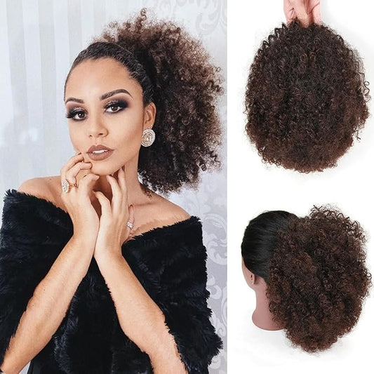 Afro Puff Drawstring Ponytail Extension for Black Women Short Afro Curly Ponytail Extension Clip On Kinky Drawstring Curly Ponytail Bun (T1B/33#)