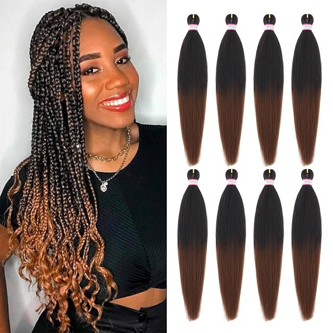 Dorsanee Braiding Hair Pre Stretched 22 Inch 8 Packs Ombre Brown Braiding Hair Extensions for Crochet Box Braids Twists Locs Hair Soft Yaki Texture Hot Water Setting (22inch,#1B/30)