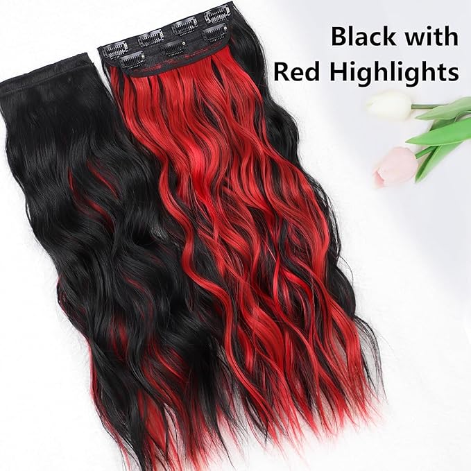 ALXNAN Clip in Long Wavy Hair Extension 24 Inch Black Red Highlights Hair Extensions 4PCS Thick Hairpieces Fiber Double Weft Hair for Women