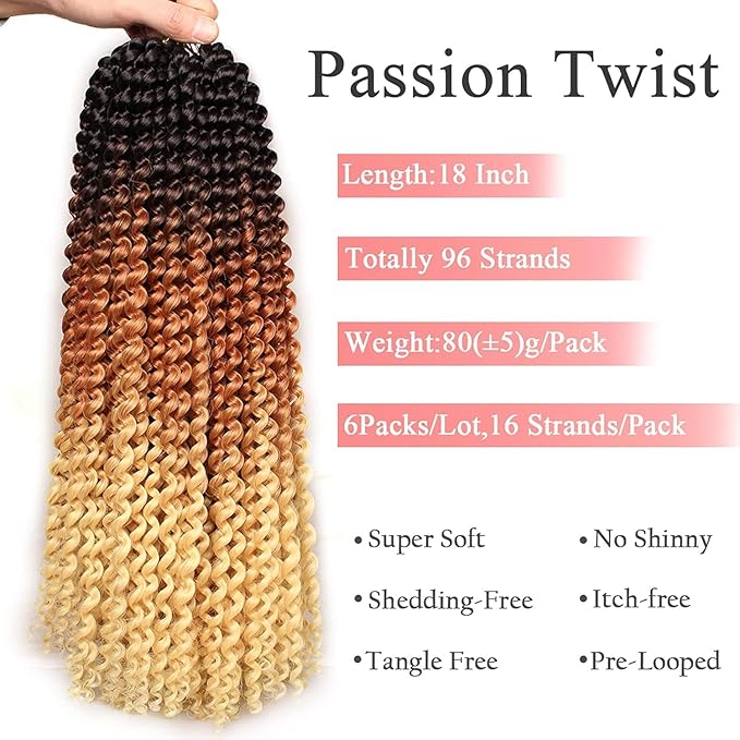 Leeven 18 Inch 3 Tones Water Wave Crochet Hair 7 Packs Curly Passion Twist Hair Ombre Brown to Blonde Synthetic Braiding Hair for Boho Locs Butterfly locs Crochet Braids Hair Extensions