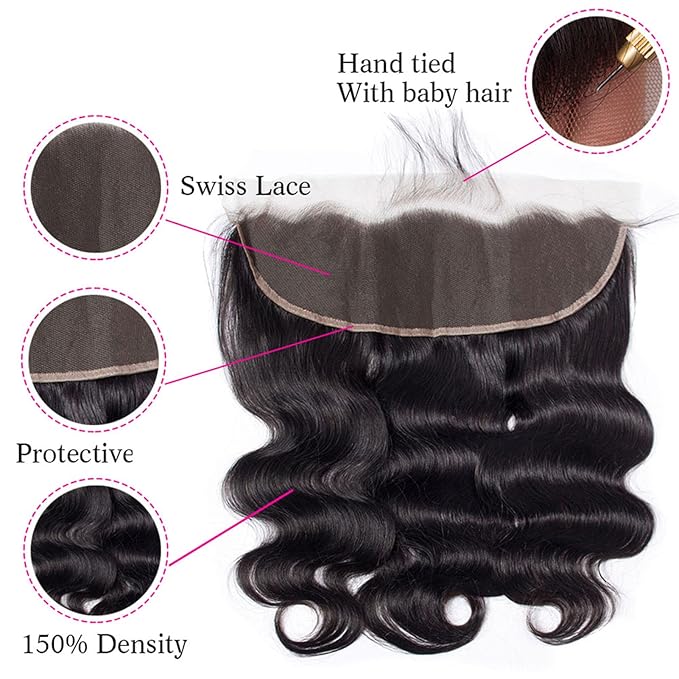 12A Body Wave Bundles with Frontal Human Hair 10 12 14+10 Inch Brazilian Virgin Body Wave Human Hair Weave 3 Bundles with 13x4 HD Lace Frontal Closure