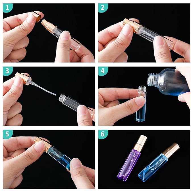 Zhehao 100 Pcs Mini Spray Bottles 5 ml Clear Glass Perfume Bottles Refillable Fine Mist Perfume Atomizer Portable Empty Sample Containers for Cleaning, Essential Oils, Travel (Gold Cap)