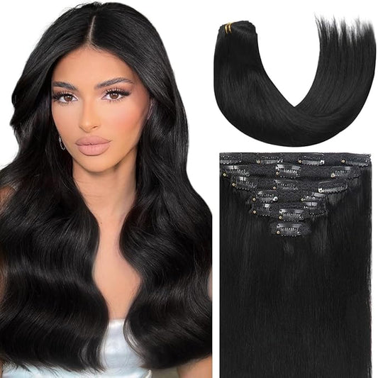 Caliee Clip-in Hair Extensions - 20Inch Human Hair, Black, Double Weft, 7Pcs, 140g