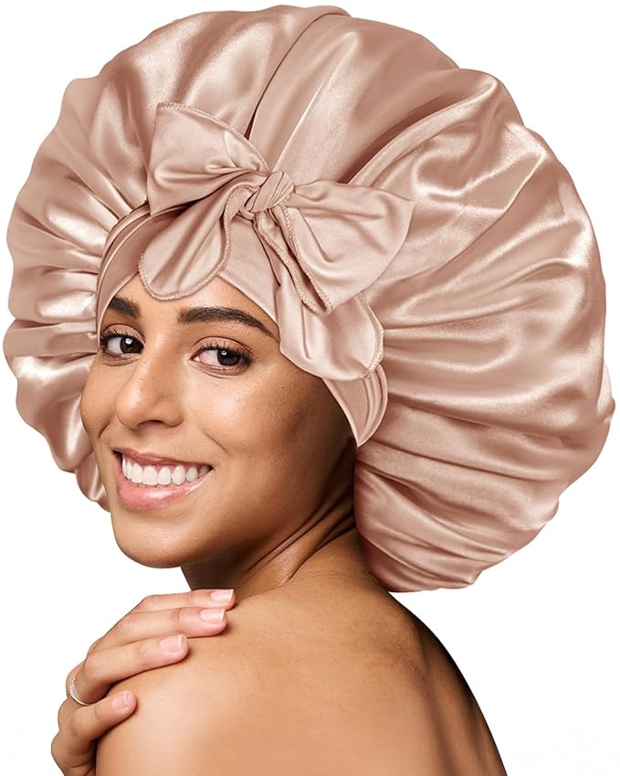 BONNET QUEEN Silk Bonnet for Sleeping Women, Satin Bonnet Night Sleep Cap Wrap for Curly Hair with Tie Band, Large, Champagne