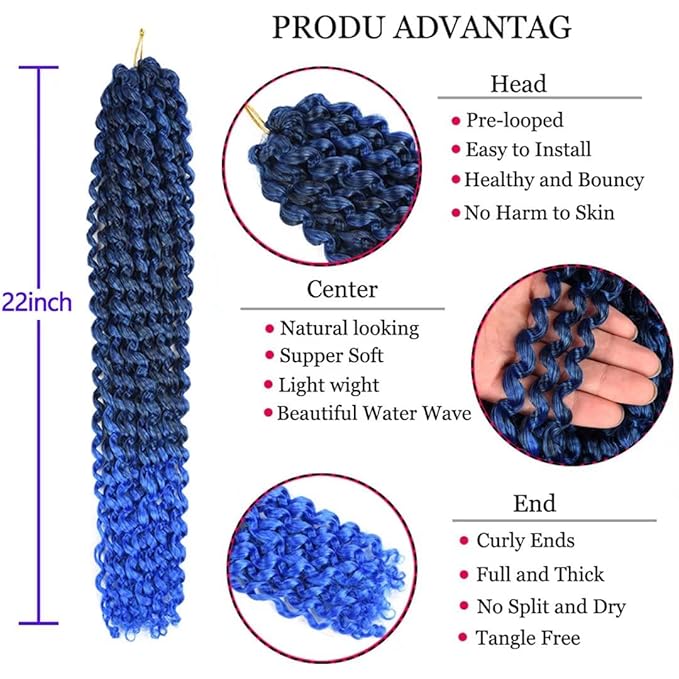 22inch Blue Water Wave Crochet Hair for Butterfly Soft Locs 7 Packs Ombre Blue Passion Twists Hair Synthetic Crochet Hair Long Bohemian Locs Braiding Hair Extensions (22" 7packs T1B/blue#)