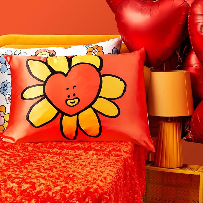 Kitsch x BT21 Satin Pillowcase with Zipper – Better Than Silk Pillowcase, Tata Character & Funky Floral Print – Soft Cooling Toddler Bed Time Pillow Case for Hair & Skin – Queen/Standard 19x26