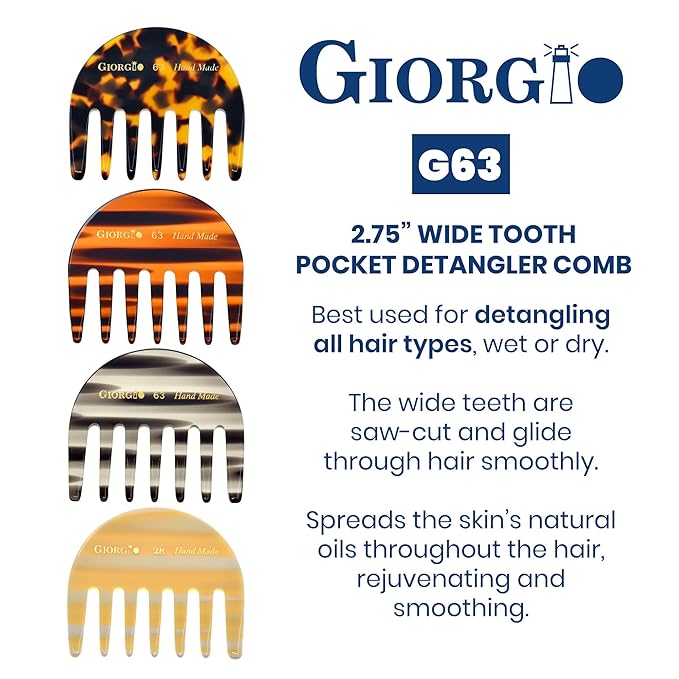 Giorgio G63 Wide Tooth Detangling Hair Comb, Pocket and Travel Comb for Thick Hair - Handmade, Saw-Cut, and Polished for Wet and Dry Everyday Care