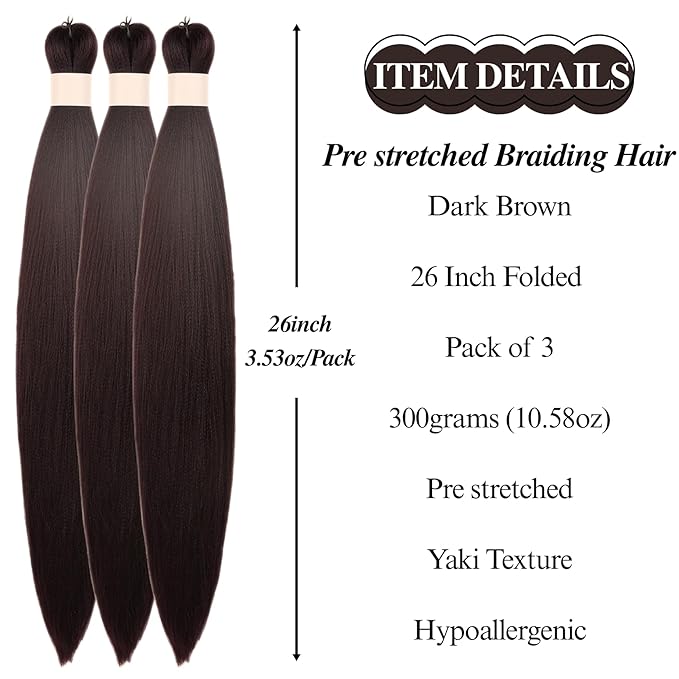 Dark Brown Braiding Hair Pre stretched for Box Braids Twist Knotless Ez Braid Pre stretched Braiding Hair