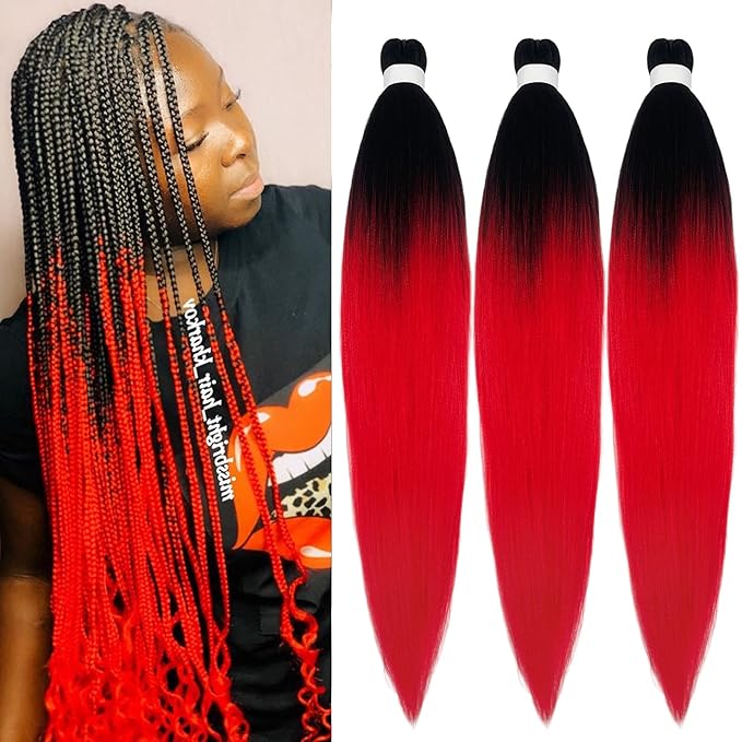 Red Ombre Braiding Hair Pre Stretched Prestressed Braiding Hair Ombre Weave Colored Hair Extensions for Braids Fake Synthetic Hair for Braiding (26 In 3 Packs)