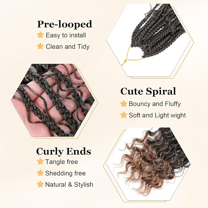 14 Inch Goddess Box Braids Crochet Hair Curly Ends 9 Packs Pre Looped Boho Crochet Box Braids Bohemian Box Braid Crochet Hair For Black Women (14Inch 9 Packs,T30)