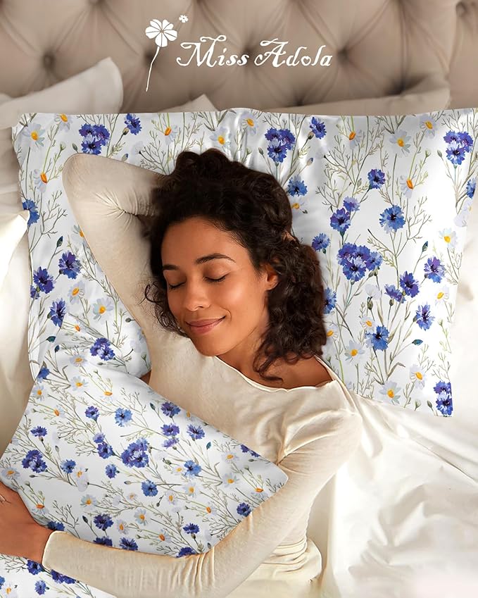 Silk Pillowcase 2 Pack - Pillow Cases 20" x 30" Queen Size Set of 2 for Hair and Skin Smooth Soft Breathable with Hidden Zipper Cooling Pillow Covers for Sleeping,Blue Daisy
