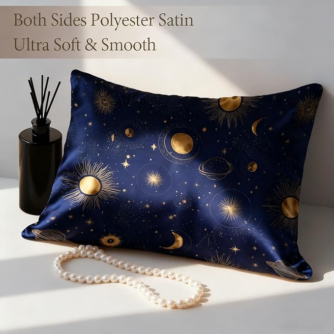 1 Pack Satin Pillowcase for Hair and Skin Golden Sun Moon and Planets Imitation Silk Pillowcase with Hidden Zipper Soft Breathable Pillow Cover Standard Size for Bedroom Sofa 20”x26”