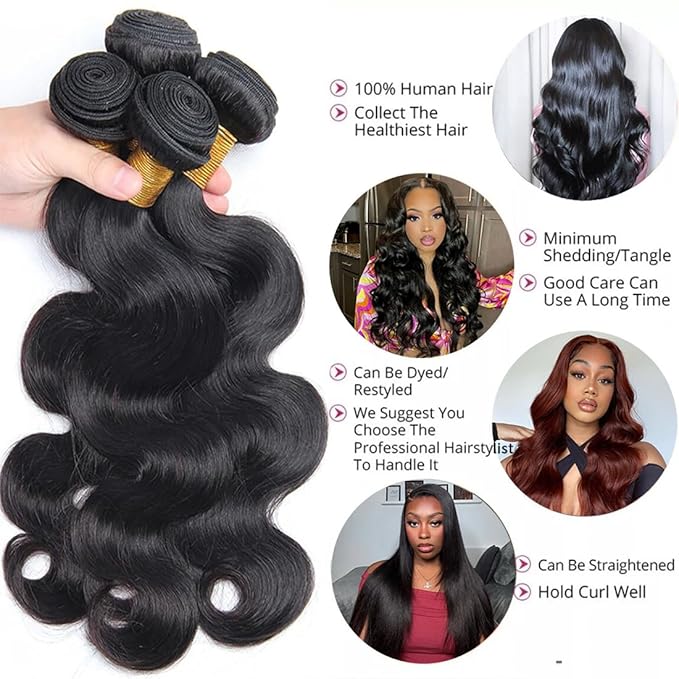Human Hair Body Wave Bundles 100% Unprocessed Brazilian Virgin Hair(20 22 24 26 Inch)4 Bundles Human Hair 12A Grade Body Wave Bundles Full Density for Black Women Natural Color