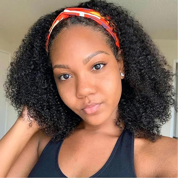 XSY Headband Wig Human Hair Kinky Curly 12 Inch Headband Wigs for Black Women None Lace Front Wig Curly Brazilian Wear and Go Glueless Wig 150% Density Natural Color