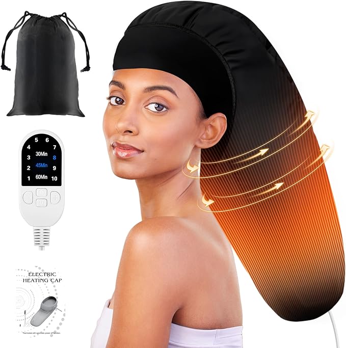 Heated Cap for Deep Conditioning: Upgraded Extra Large 10-Level Fast Heating 3 Time Settings Hair Steamer Cap for Natural Black Hair Portable Thermal Steam Cap for Home Hair Treatment - Deep Black