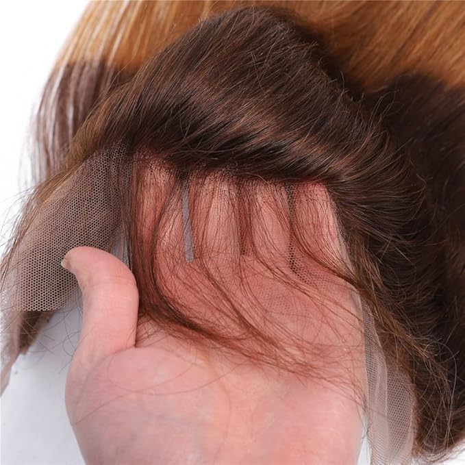 2 Tone Ombre Body Wave Hair 3 Bundles with Frontal 13x4 Ear to Ear Lace Frontal 100% Unprocessed Brazilian Remy Virgin Human Hair Extensions T4/30 Medium Brown/Medium Auburn(12 14 16+12)