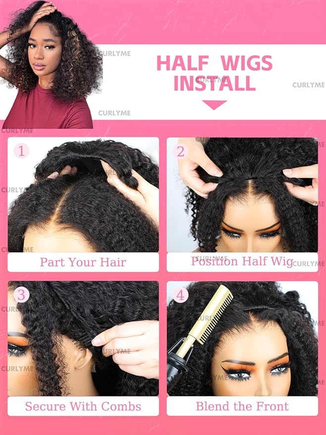Curlyme Ombre Honey Blonde Kinky Curly Half Wig Human Wear and Go Glueless Install Flexible Fit 3 In 1 2/30 Color Half Wig Flip Over Invisible Hairline 18 Inch