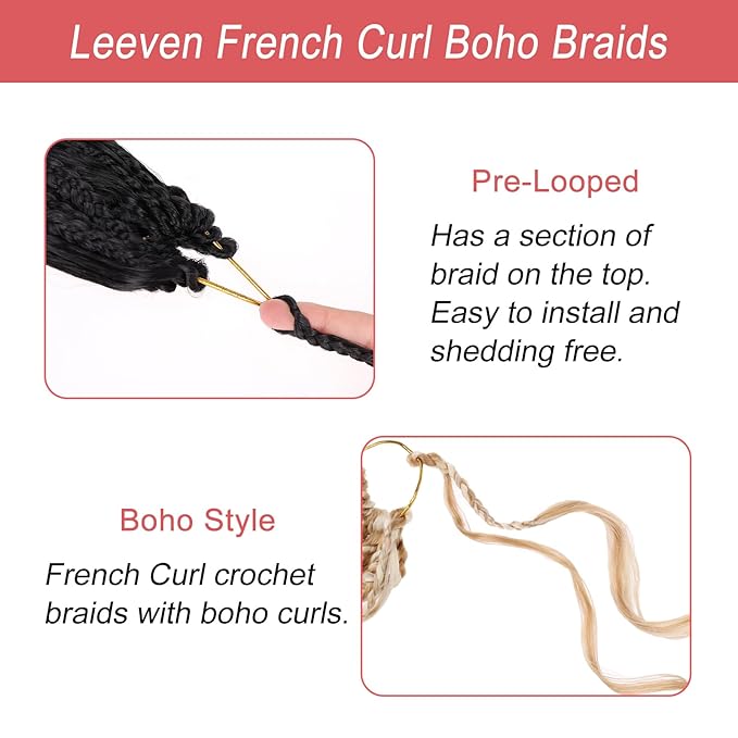Leeven Boho French Curl Crochet Braids 14 Inch 8 Packs Ombre Brown Pre Looped Curly Crochet Hair Goddess Box Braids Loose Wave Synthetic Hair Extensions for Women Girl