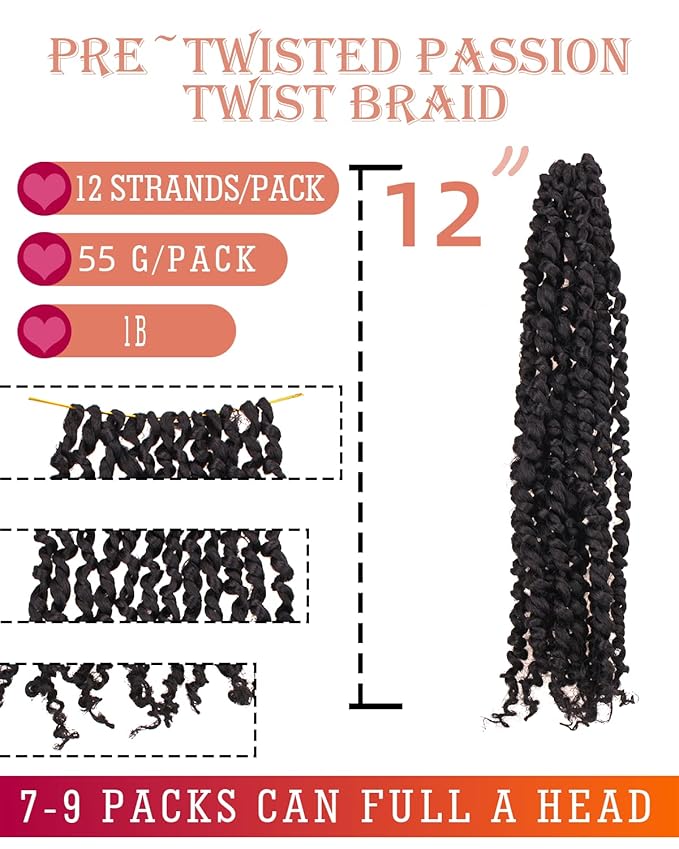 12 Inches 8 Packs Passion Twist Crochet Hair-Natural Black Pre-twisted Passion Twists,Pre-Looped Crochet Braids Made Of Bohemian Hair Synthetic Braiding Hair Extensions (12 Inch(Pack of 8), 1B)