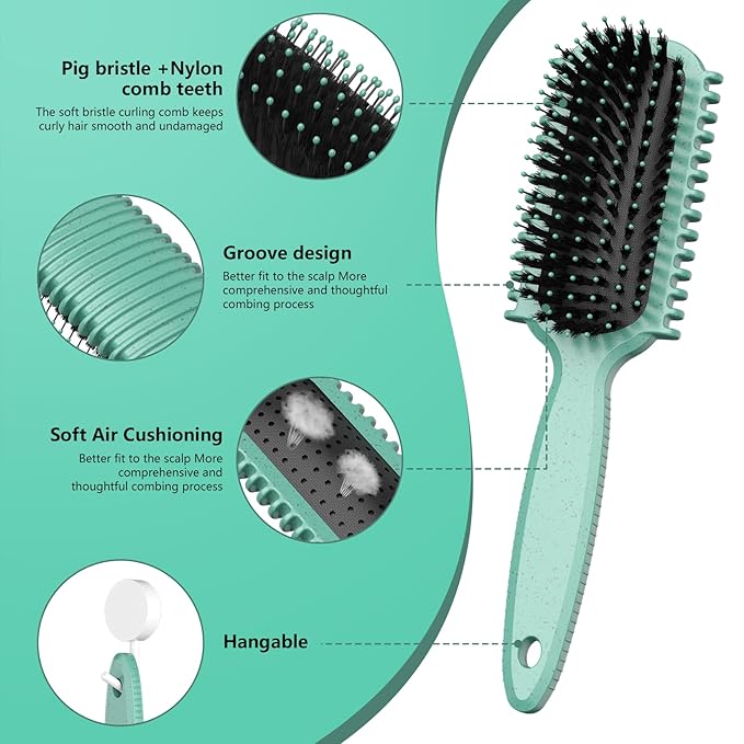Curl Defining Brush, Curly Hair Brush, Slick Back Hair Brush, For Combing and Shaping Curls in All Hairstyles to Reduce Pulling (Green)