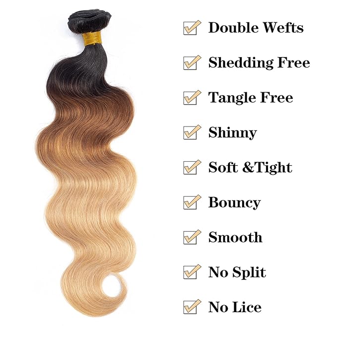 12A Grade Ombre Bundles Human Hair 18 Inch Brazilian Virgin Ombre Blonde Body Wave Hair 1 Bundle 100% Unprocessed Virgin Remy Human Hair Weave Bundles T1B/30/27