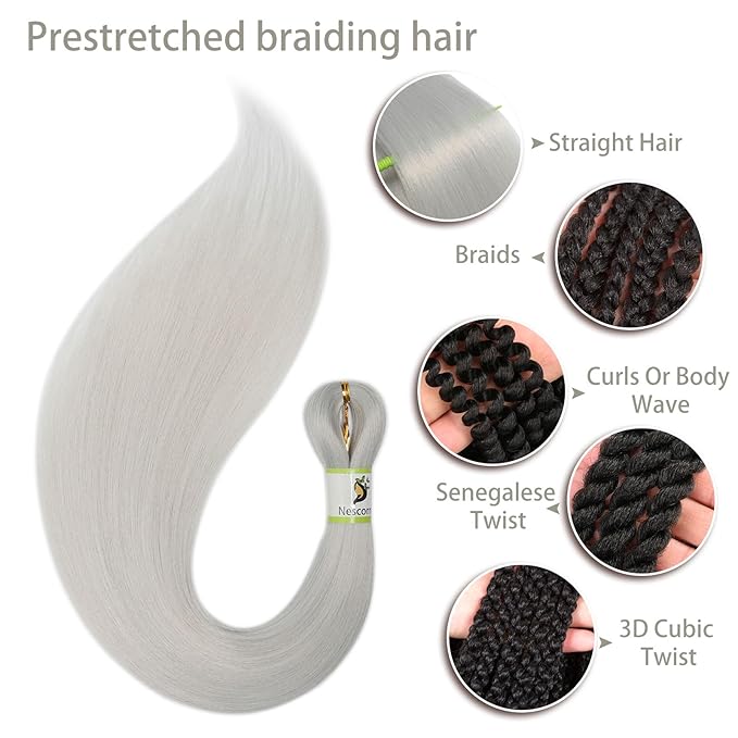 Sliver Braiding Hair Pre Stretched 24Inch 8 Packs, professional Pre Stretched Braiding Hair Extensions and rebundle braiding hair