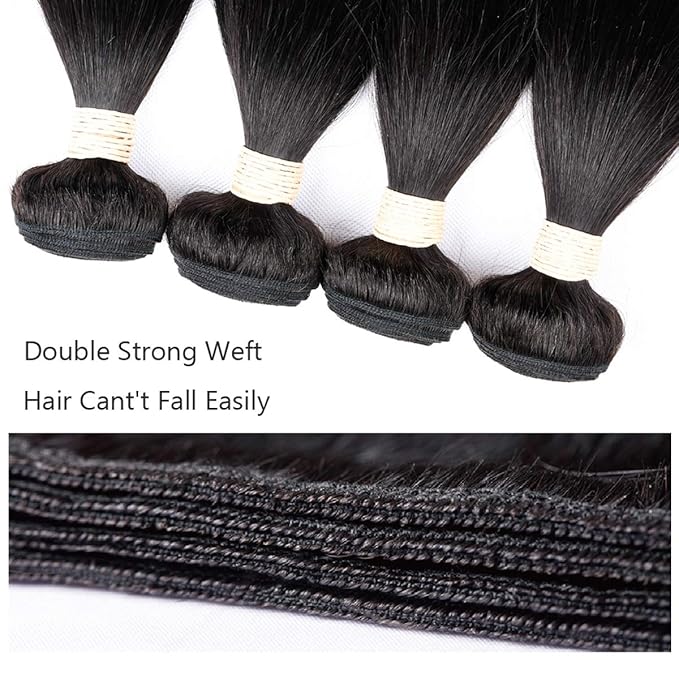 Straight Hair Bundles with Closure (26 28 30+20 Closure) 100% Brazilian Straight Virgin Hair 3 Bundles with Lace Closure Free Part Human Hair Extensions Natural Black Color