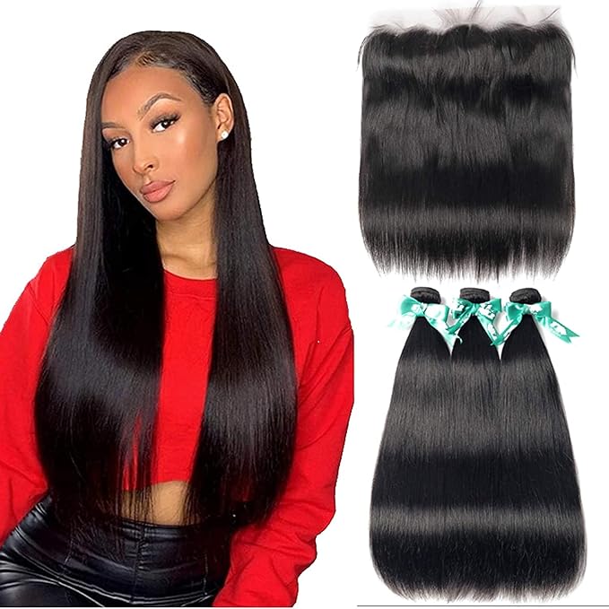 Straight 3 Bundles with 24 24 20 Frontal, 13x4 Ear to Ear Lace Frontal, Unprocessed Virgin Human Hair, Natural Color